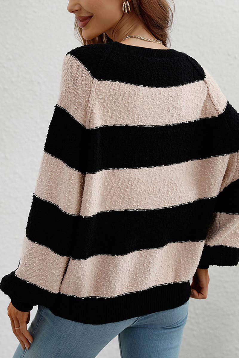 CWOSWL615 Off Shoulder Striped Neck Pullover Sweater