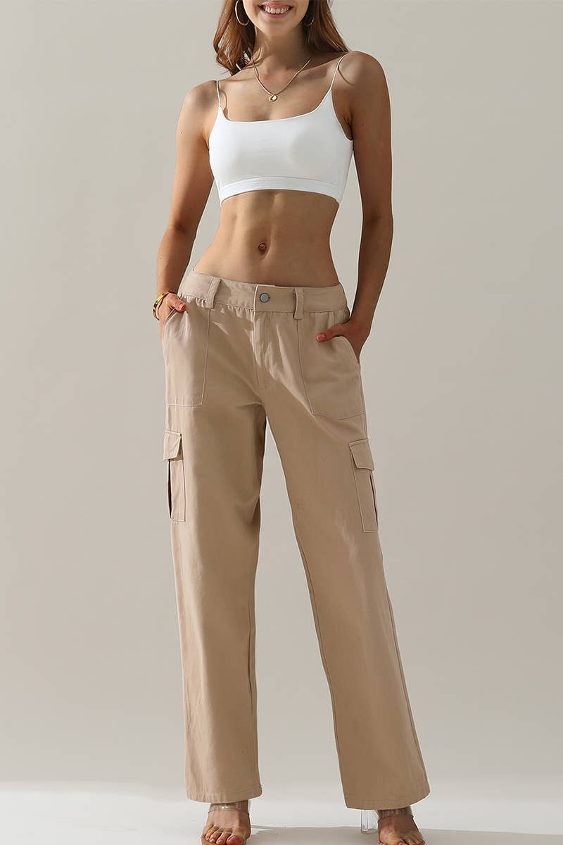 CWBLP421_Cargo Cotton Pants Wide Leg Casual Pants 4 Pockets
