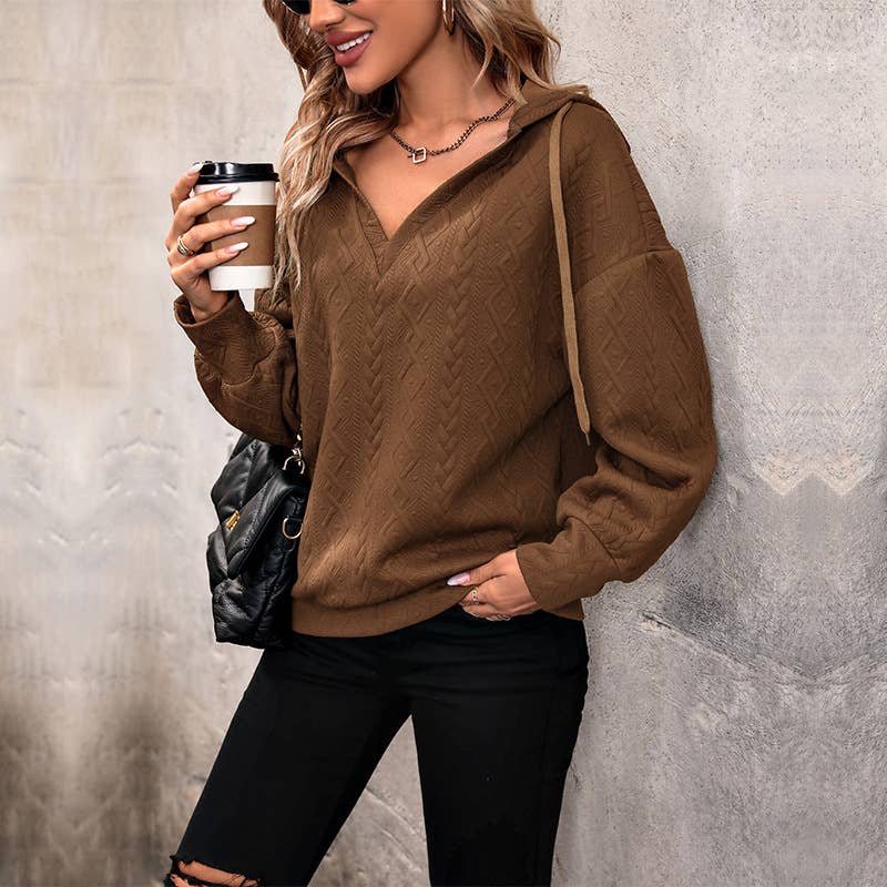 DRAWSTRING KNIT LOOSE SOLID COLOR V-NECK HOODIE