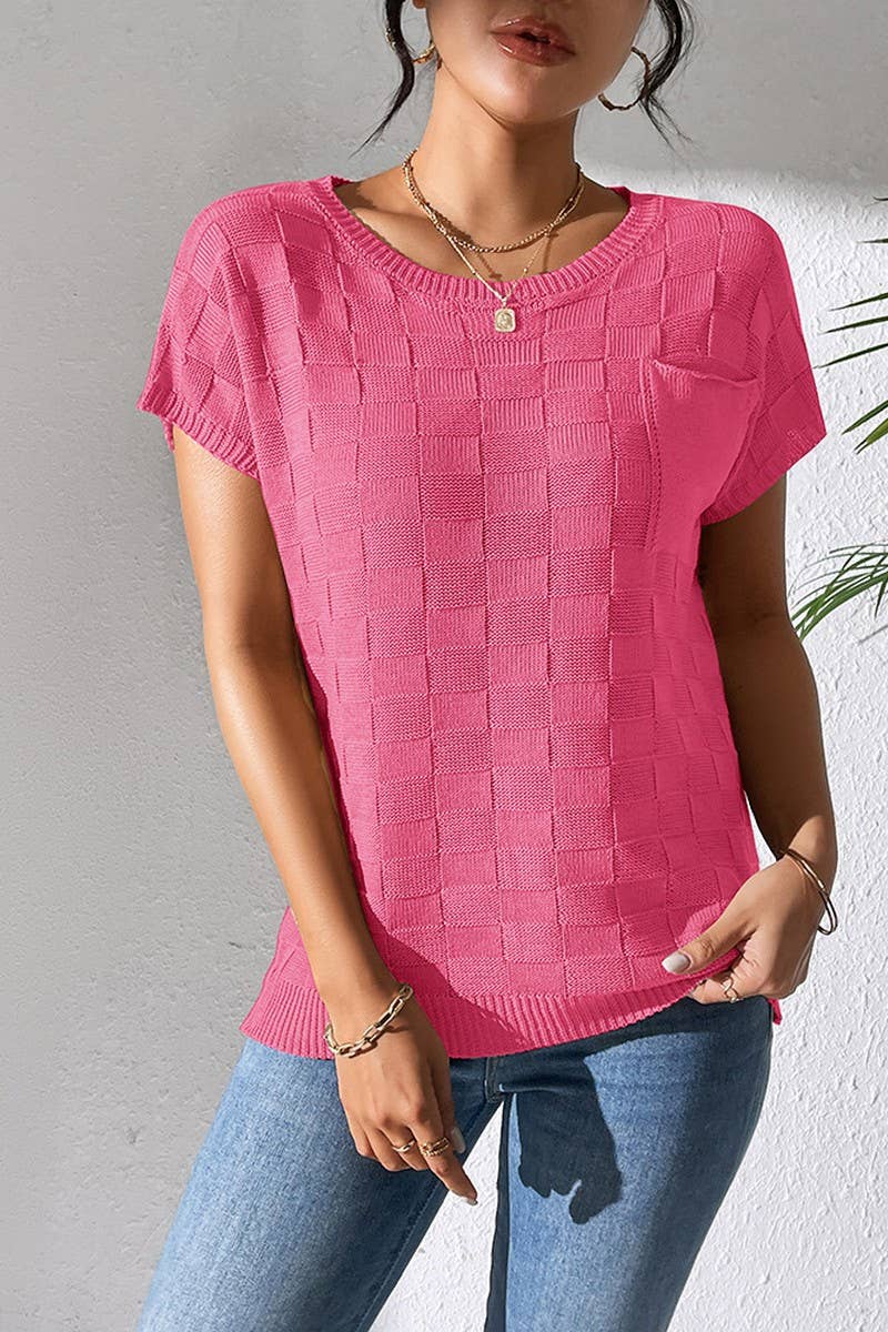 CWOSWS0086_SOLID COLOR LOOSE KNIT SHORT-SLEEVED TOP