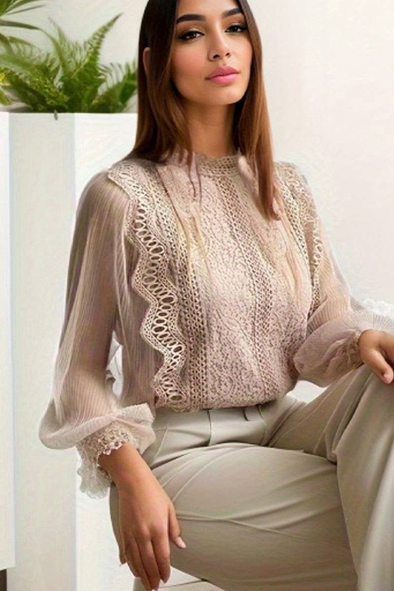 CWTBLL3857_SHEER MESH PUFF SLEEVE LACE BLOUSE