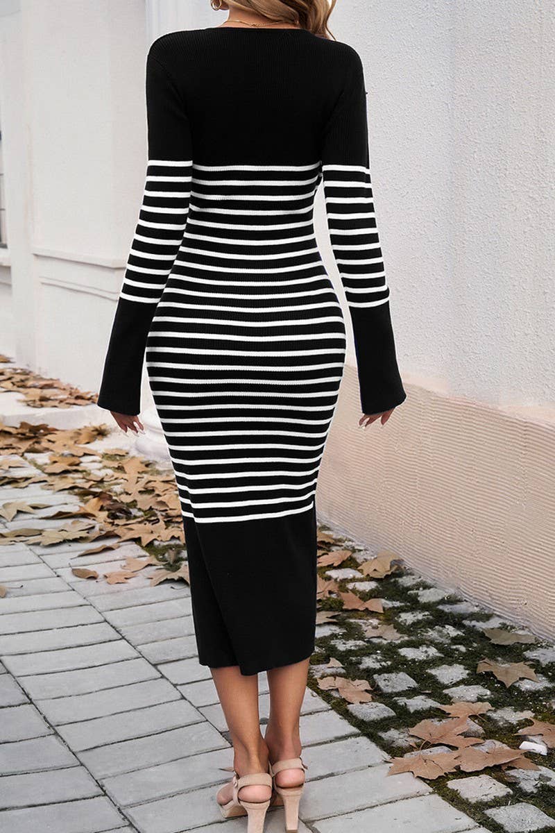 CWDMD3309_SLIM FIT V NECK CONTRAST STRIPED SWEATER DRESS