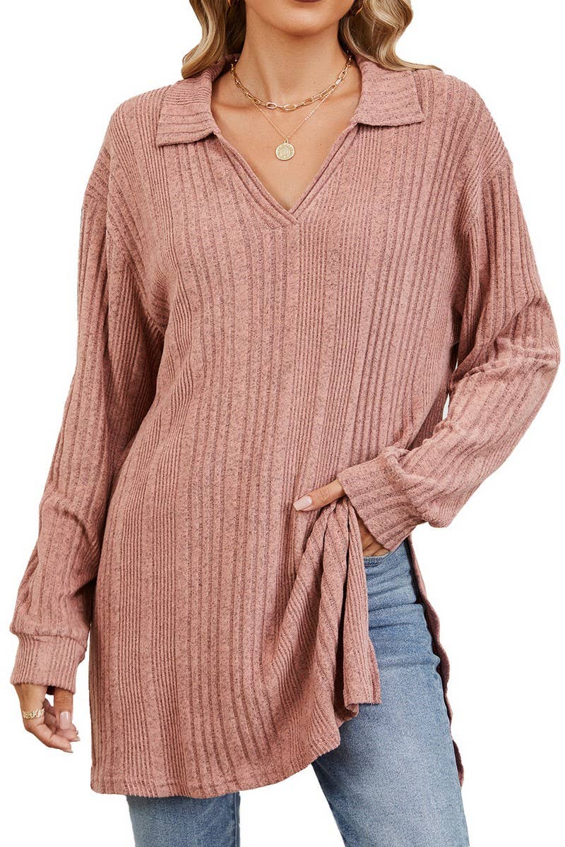 CWTBLL3668_FLIP COLLAR SLIT LONG SLEEVED LOOSE T-SHIRT TOP