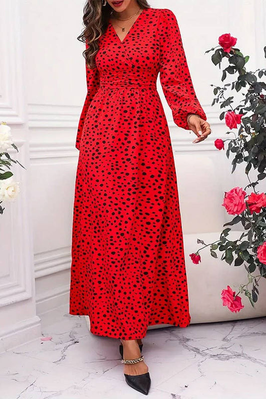 CWDMD5067_V-NECK WAIST POLKA DOT PLEATED LONG SLEEVE DRESS