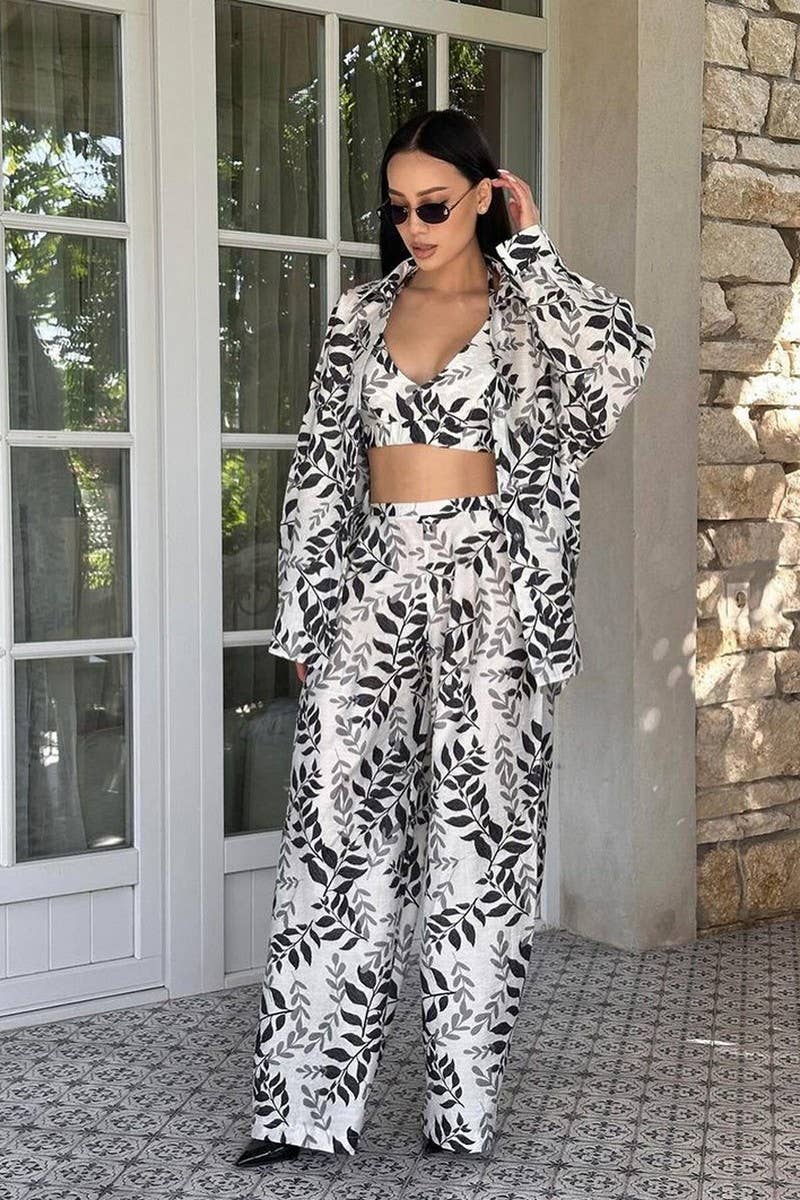 CWSPJ0403_PRINTED LOOSE PAJAMAS THREE-PIECE SET