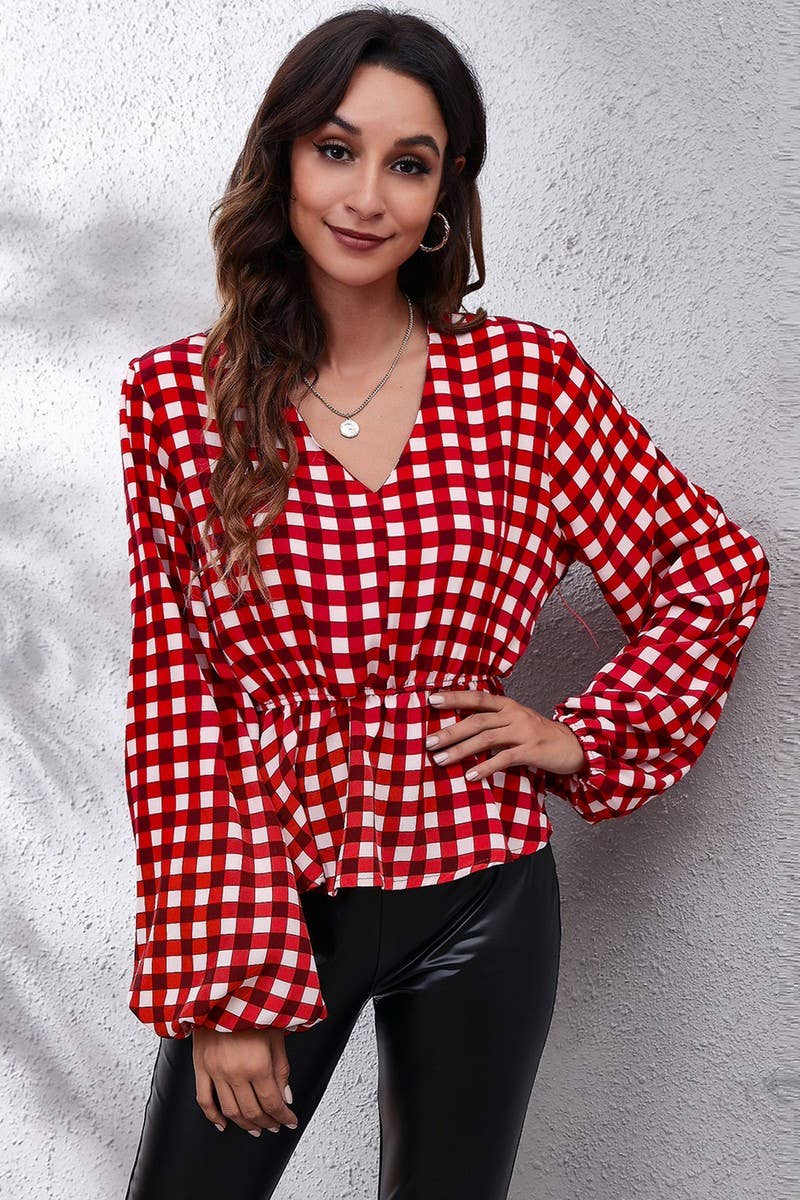 CWTBLL0707_V-Neck Long Sleeve Print Blouse