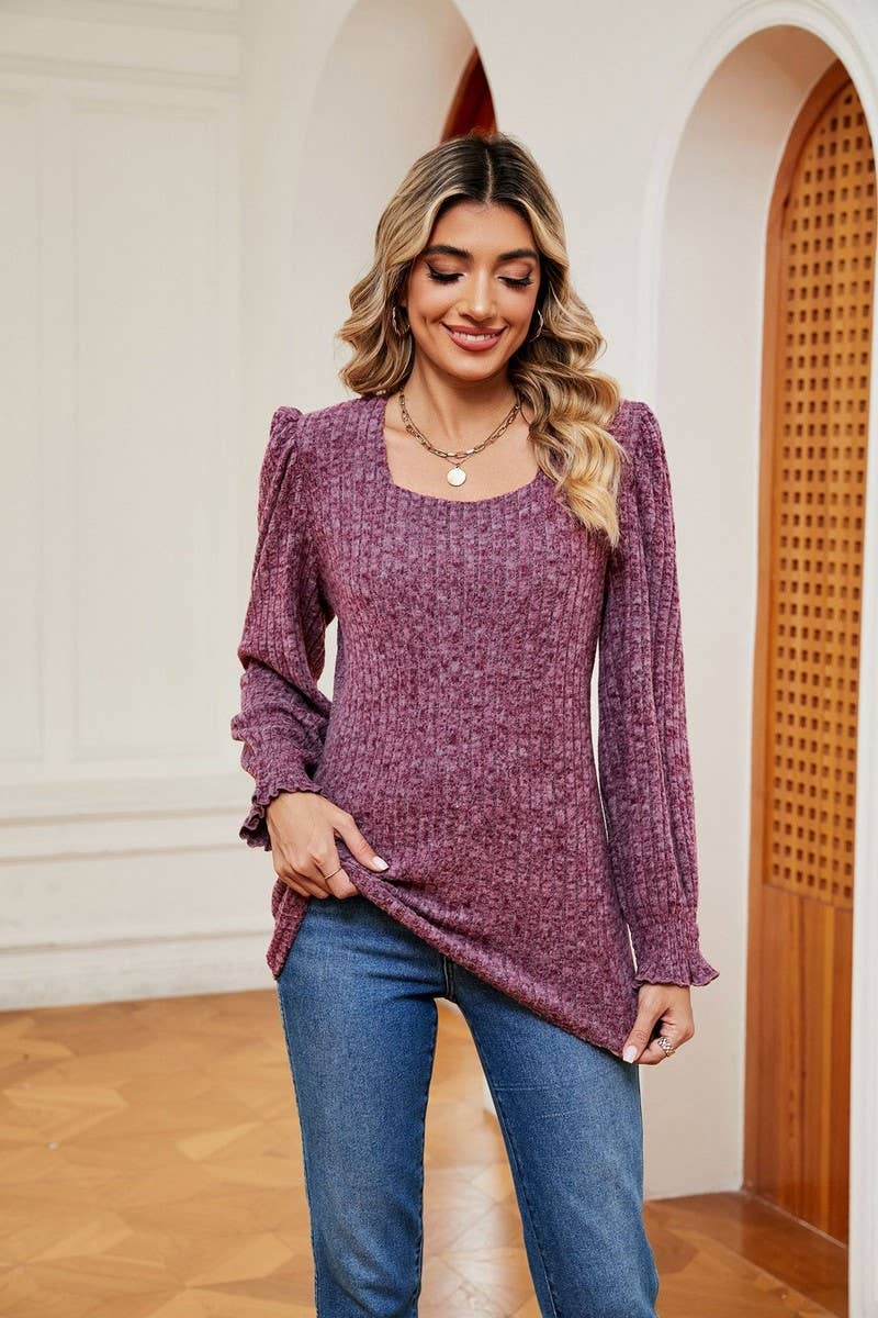 CWTBLL2404_SQUARE NECK LONG SLEEVE RIBBED RUFFLE SLEEVE TOP