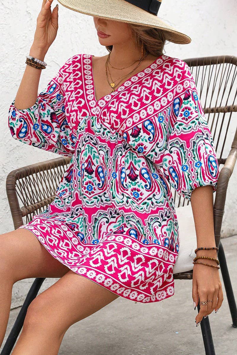 CWDSD7863_BOHEMIAN V-NECK PRINTED SHORT SLEEVE DRESS