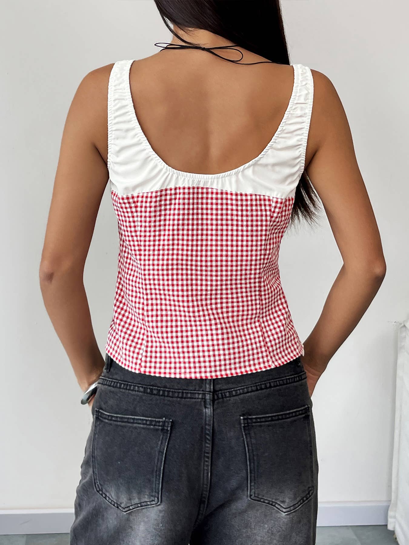 Elastic lace-up plaid patchwork print vest