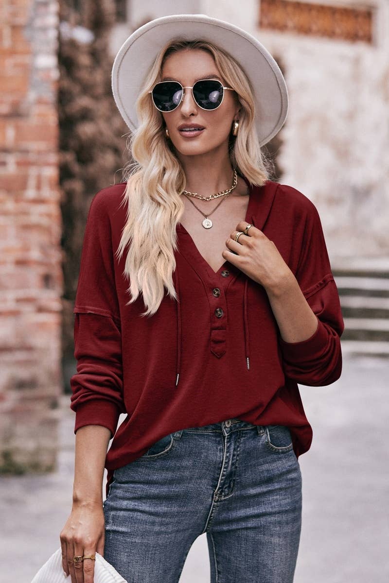 CWTBLL2714_V-NECK BUTTON-UP LONG-SLEEVED HOODED TOP