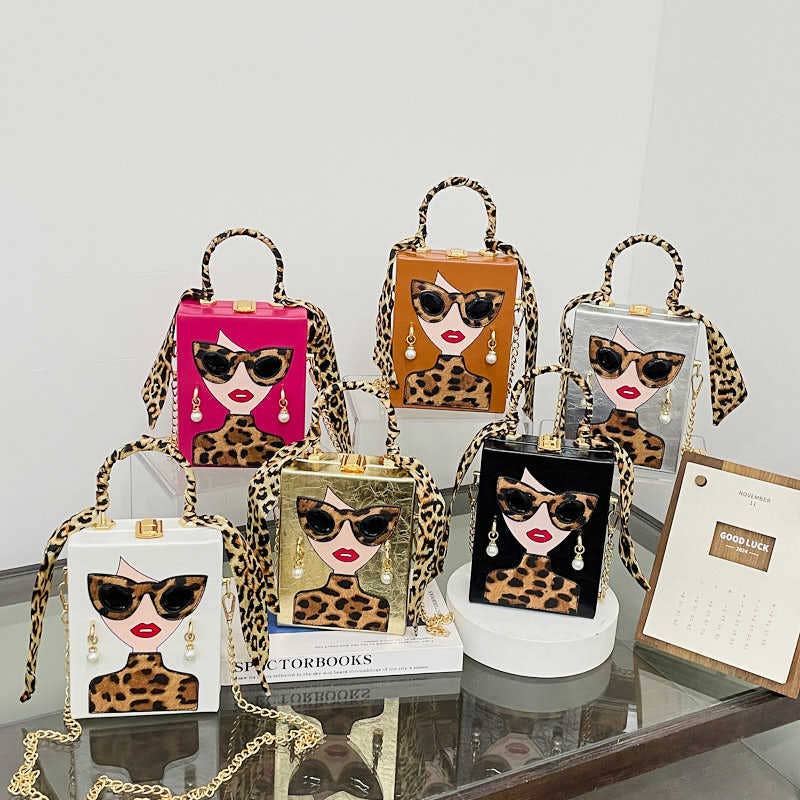 Leopard print hand-held crossbody box bag