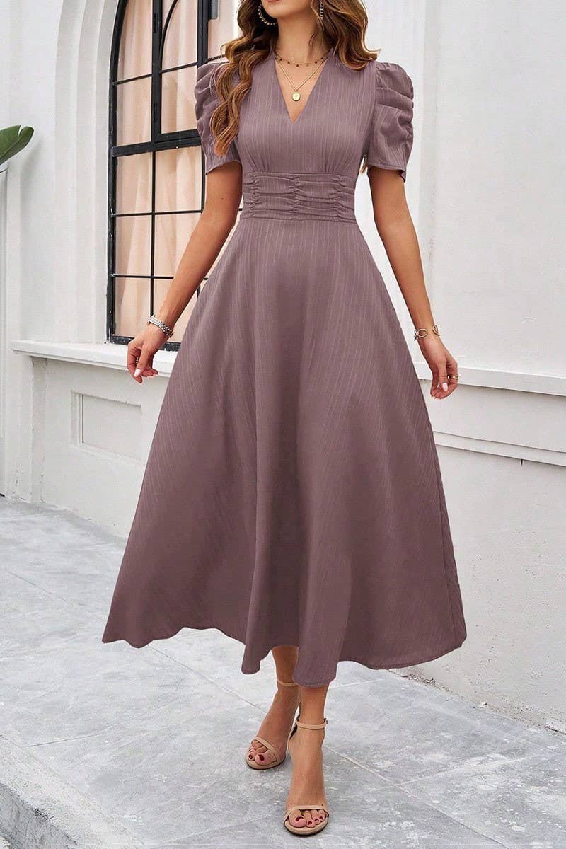 CWDMD6446_TEMPERAMENT HIGH WAIST SOLID COLOR WAIST DRESS