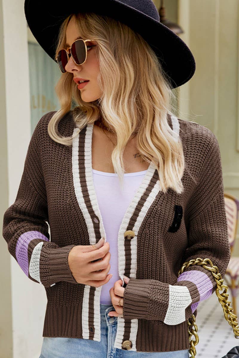 CWOCAL0784_V-NECK LOOSE COLLEGE STYLE KNITTED CARDIGAN