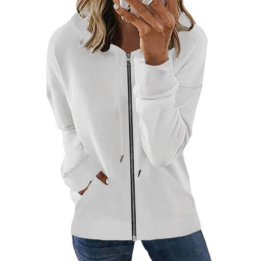 CASUAL SOLID COLOR HOODED ZIP-UP CARDIGAN