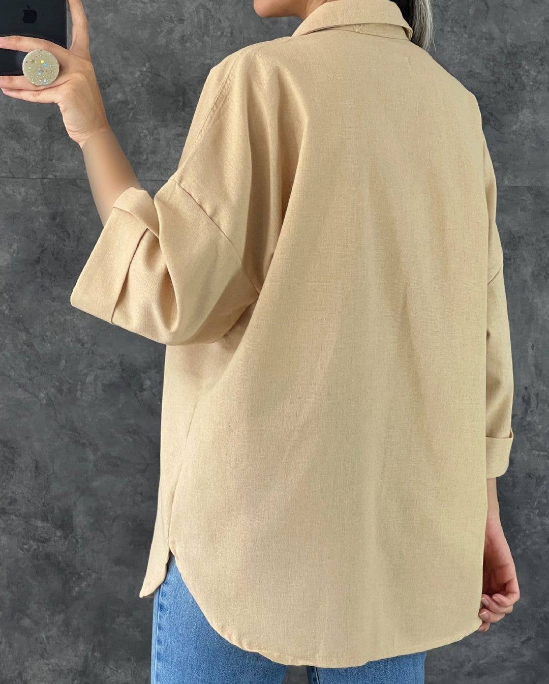 CASUAL LAPEL SOLID COLOR BAGGY POCKET BAGGY SHIRT