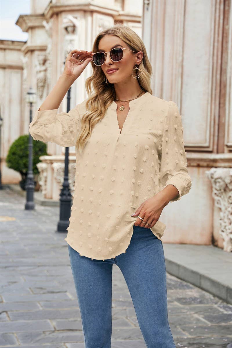 CWTBLL0802_FUR BALL CASUAL CHIFFON MID SLEEVE TOP