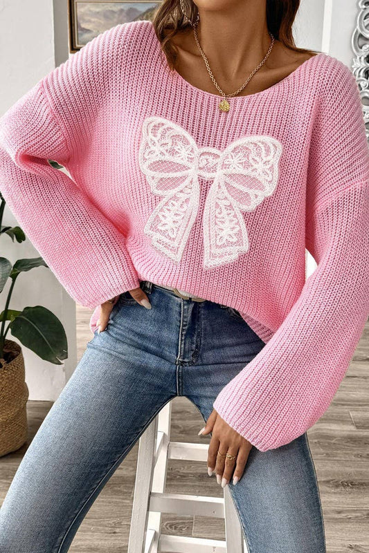 CWOSWL07327_OFF SHOULDER BOW EMBROIDERED BELL SLEEVE SWEATER