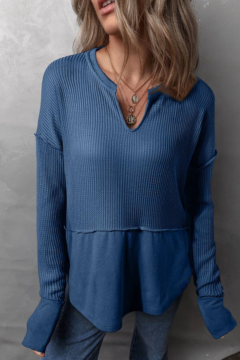 CWTBLL2422_SOLID COLOR PATCHWORK LONGSLEEVE LOOSE SWEATSHIRT