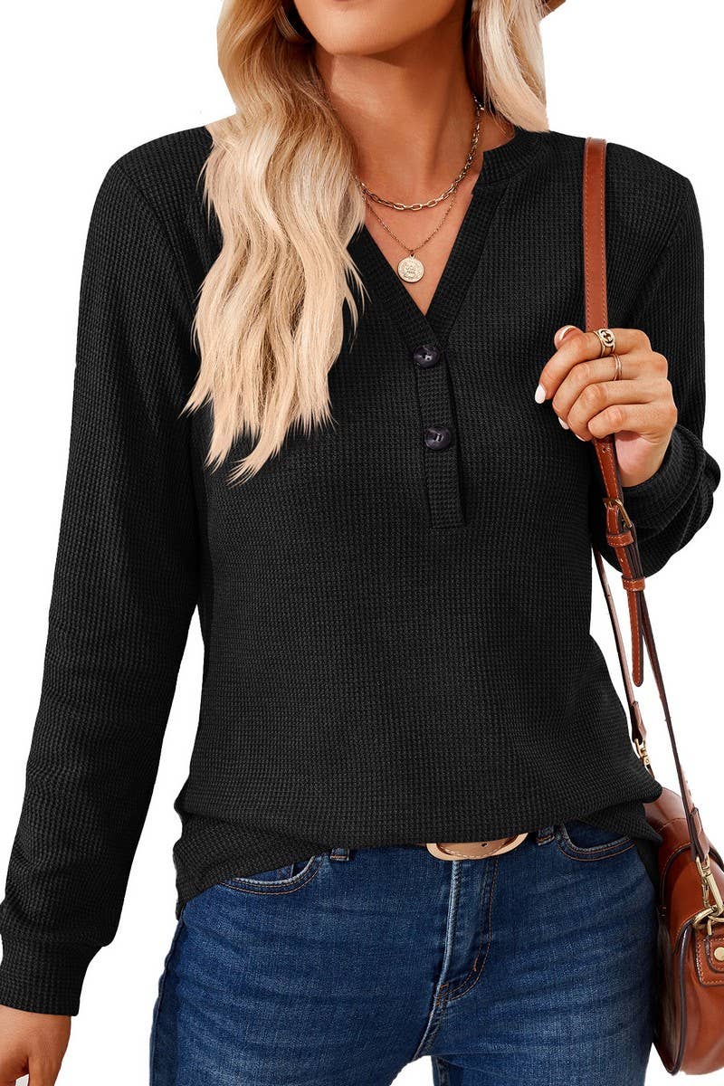 CWTBLL01312_V NECK BUTTON SOLID LONG SLEEVE LOOSE TEE
