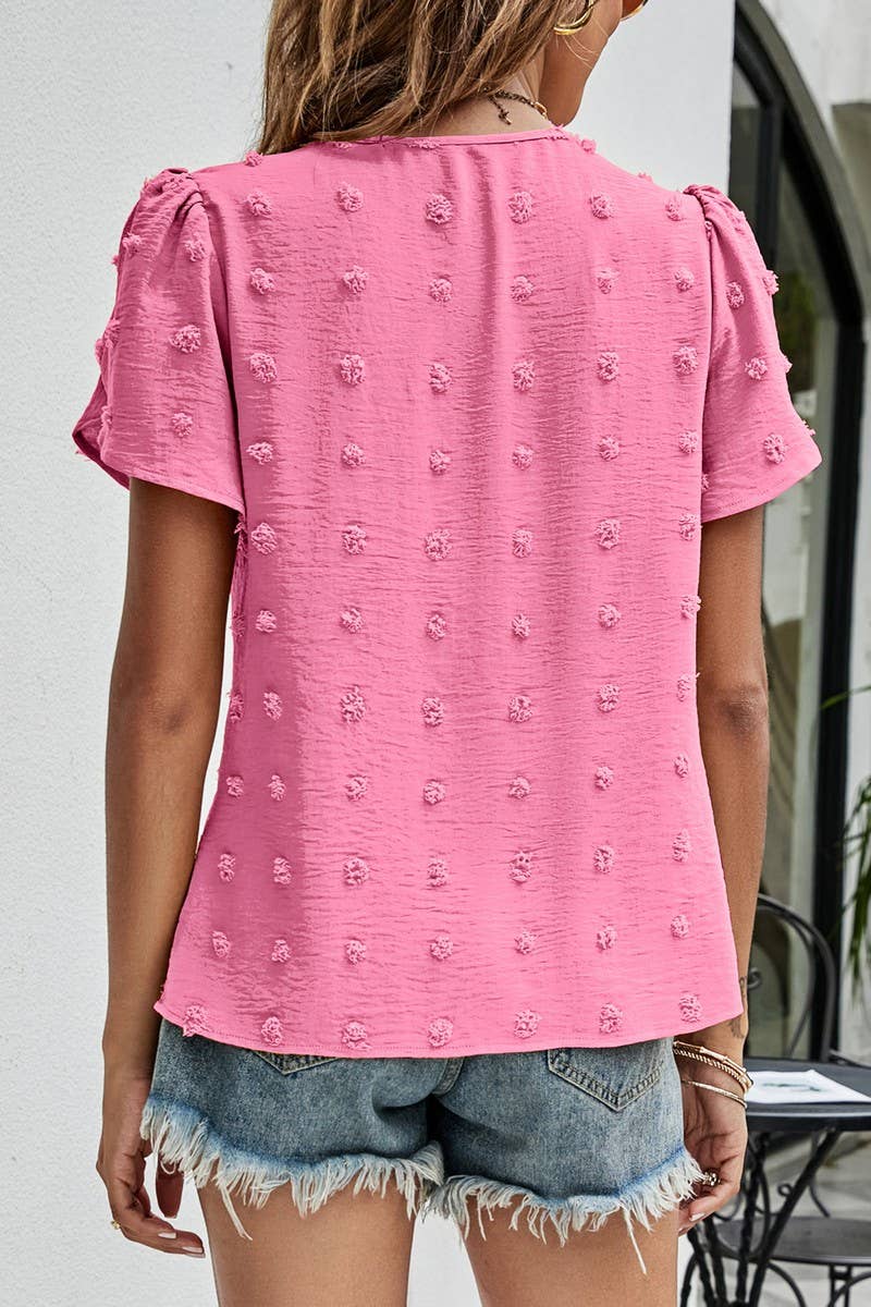 CWTBLS0342_Round neck Short Puff Sleeve Blouse