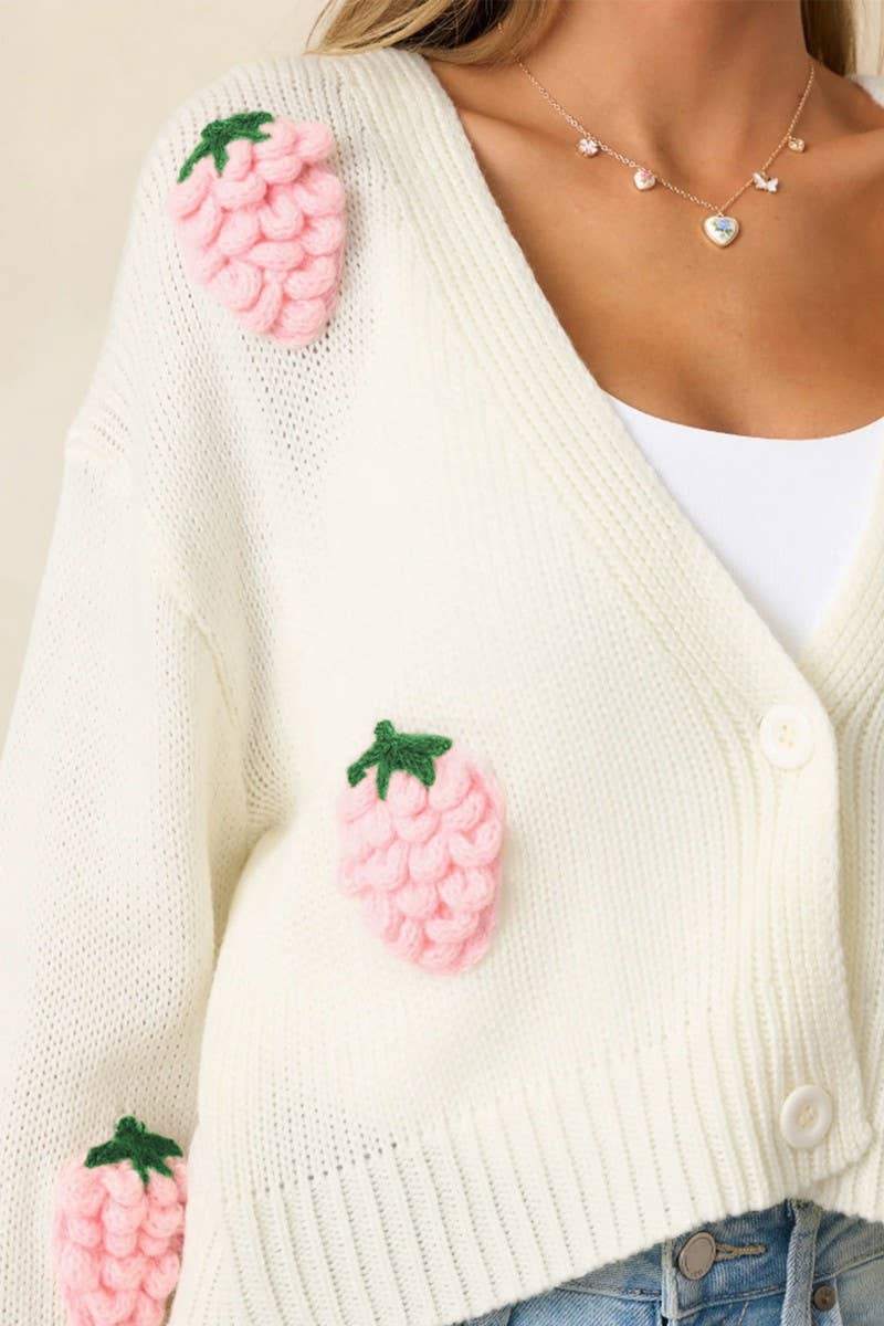 CWOCAL2353_3D STRAWBERRY PATTERN KNITTED CARDIGAN SWEATER