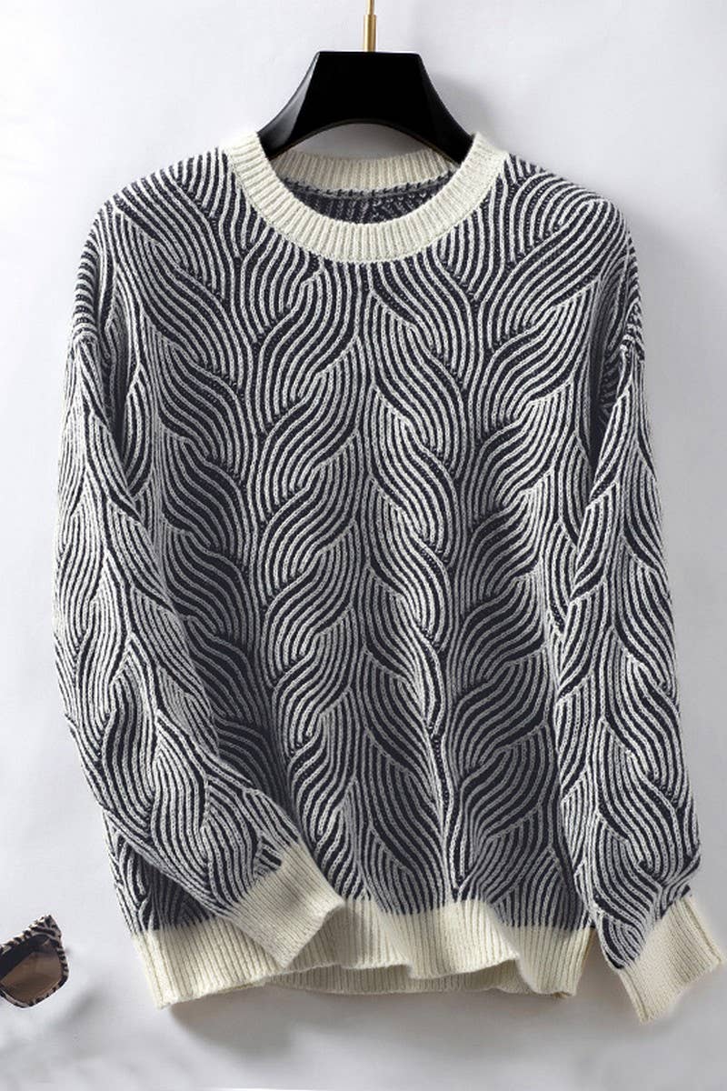 CWOSWL2832_RETRO CASUAL CONTRAST STRIPED KNITTED SWEATER