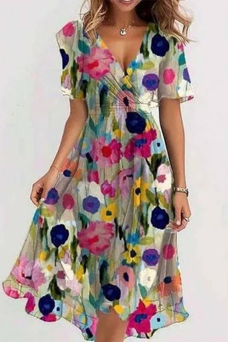 CWDMD01029_LOOSE AND CASUAL V-NECK FLORAL PRINT DRESS