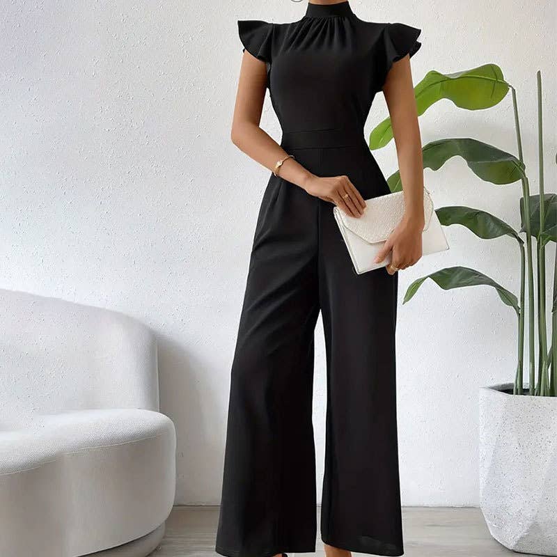 Broad-leg stand-up collar draped sleeves jumpsuit