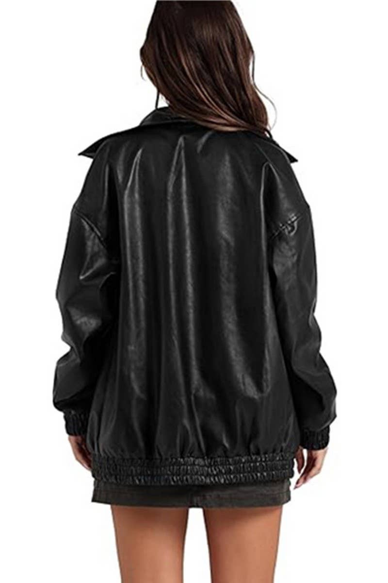 CWOCO1150_LAPEL ZIPPER SIDE POCKET PU LEATHER JACKET