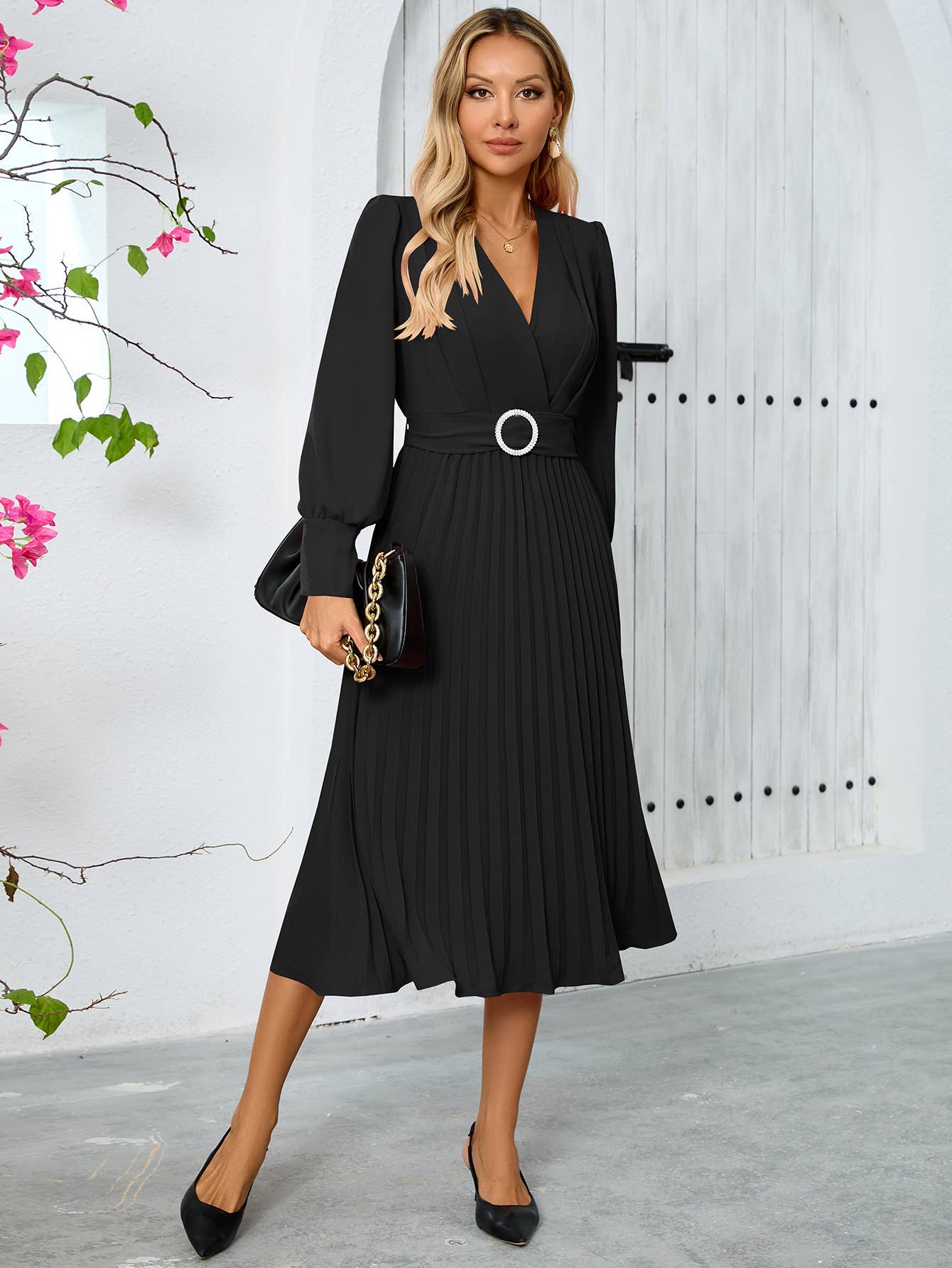 Elegant Pleated V-Neck Long Sleeve Bodycon Dress