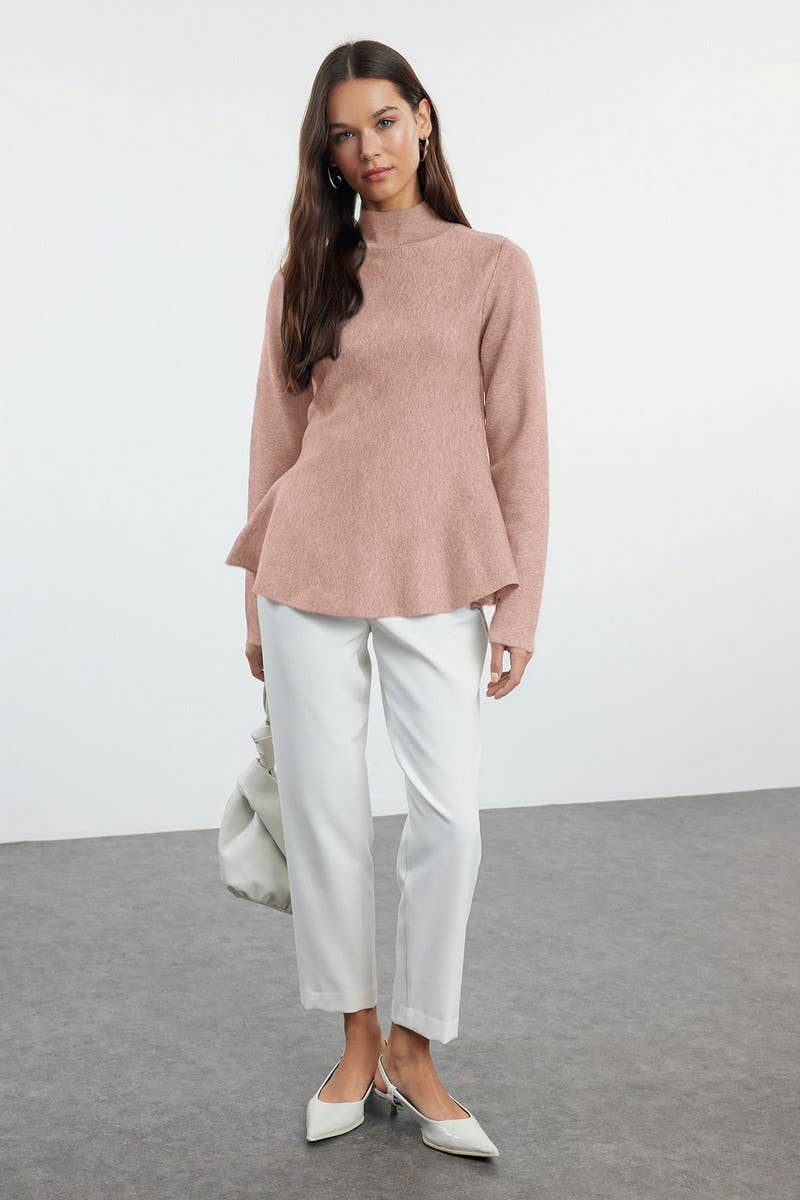 CWOSWL6956_SOLID COLOR HALF-HIGH COLLAR KNITTED SWEATER