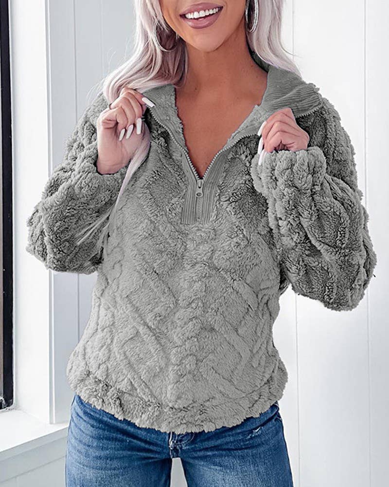 CASUAL LOOSE SOLID COLOR LAPEL FLEECE SWEATER