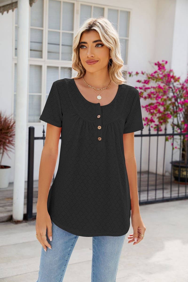 CWTBLS0435_Round Neck Short Sleeve Blouse