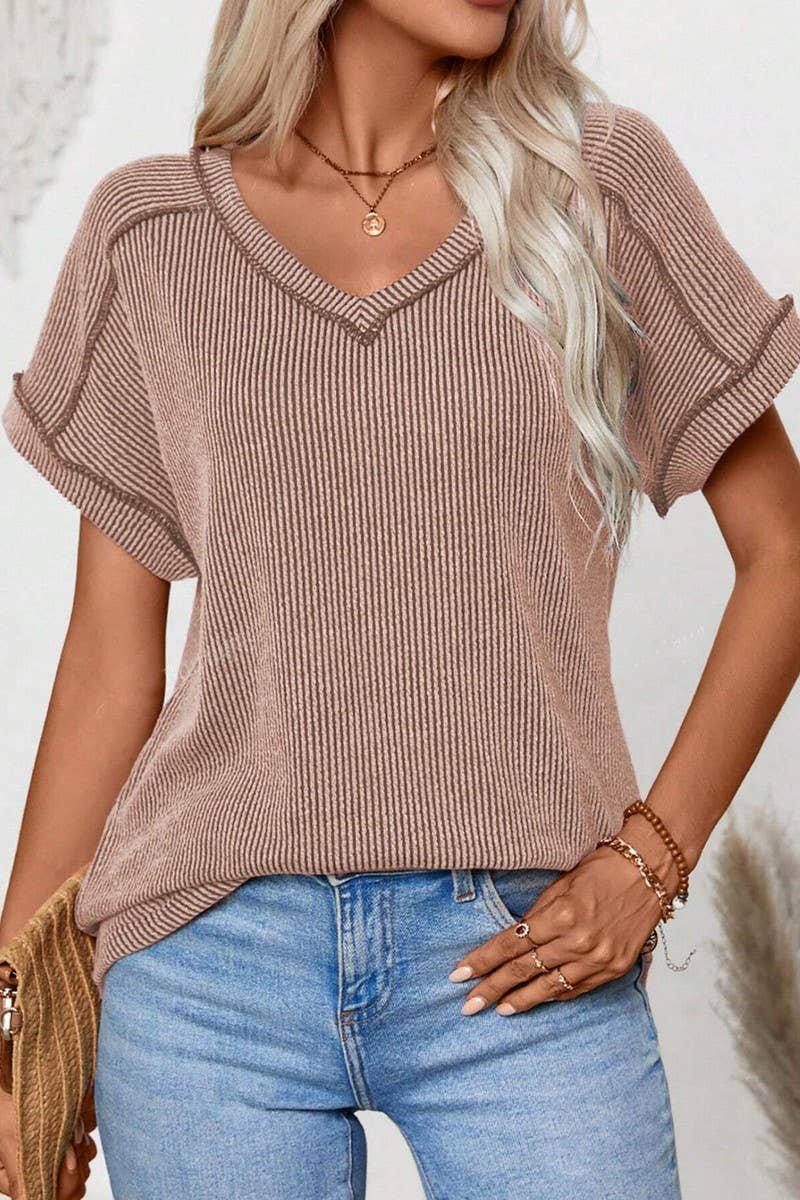 CWTTS1383_FASHIONABLE V-NECK TWISTED SHORT-SLEEVED TOP