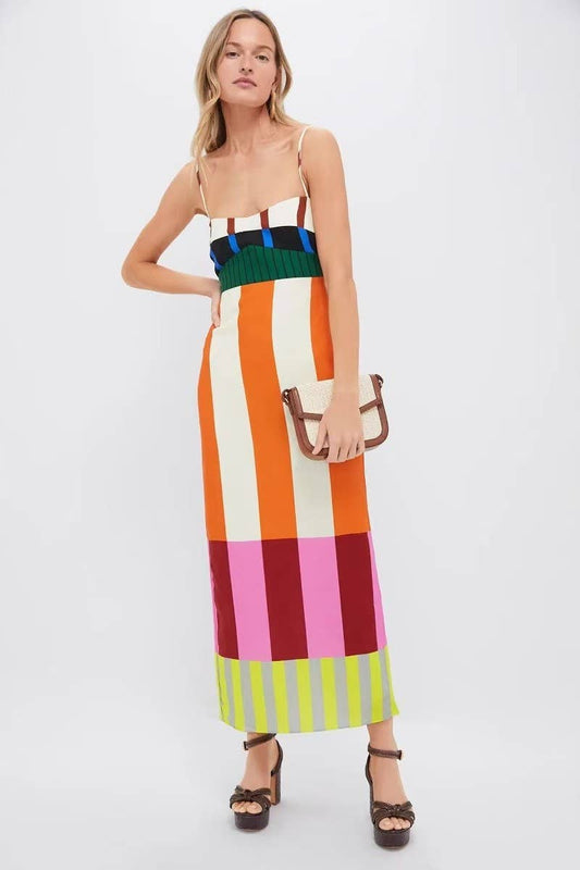 CWDMD6031_STRIPED COLORBLOCK SLIM FIT SLIT CAMI DRESS