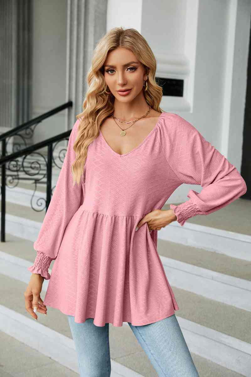 CWTBLL2836_V-NECK LONG SLEEVE PATCHWORK DRESS TOP