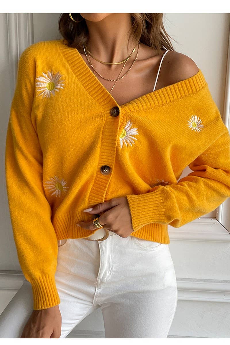 CWOCAL0762_CHRYSANTHEMUM EMBROIDERY V-NECK CARDIGAN