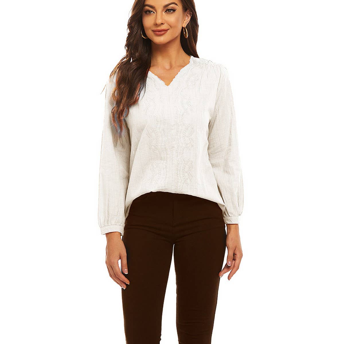 Cotton linen V-neck loose long-sleeved casual top