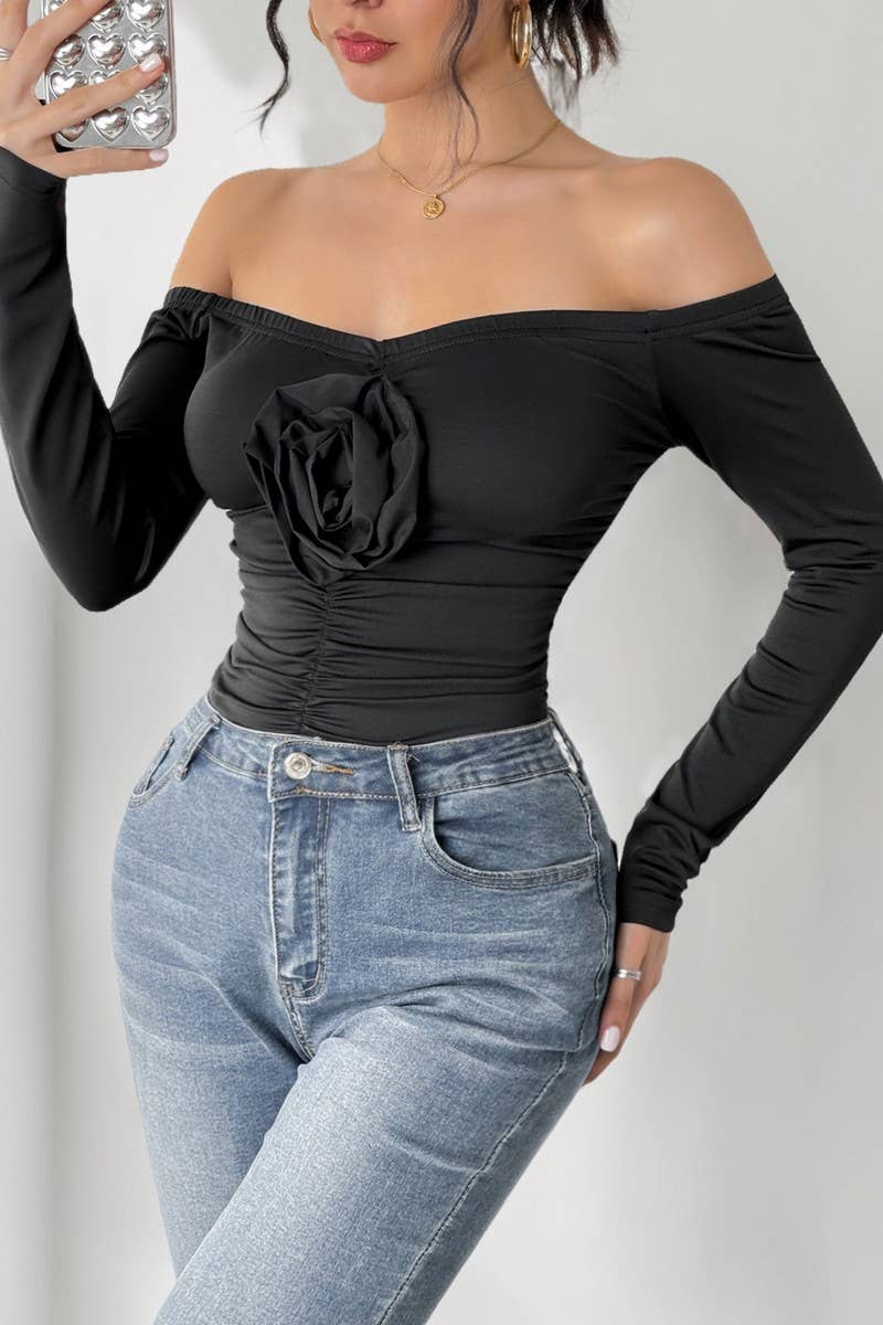 CWSBSL0077_BLACK OFF SHOULDER 3D FLORAL SLIM BODYSUIT