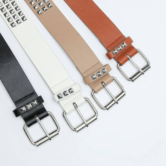 CWABE0374_SQUARE BEAD RIVET PYRAMID INLAID PUNK STYLE  BELT