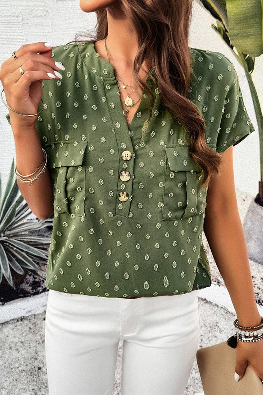 CWTBLS0387_V-Neck Button Detailed Short Sleeve Top