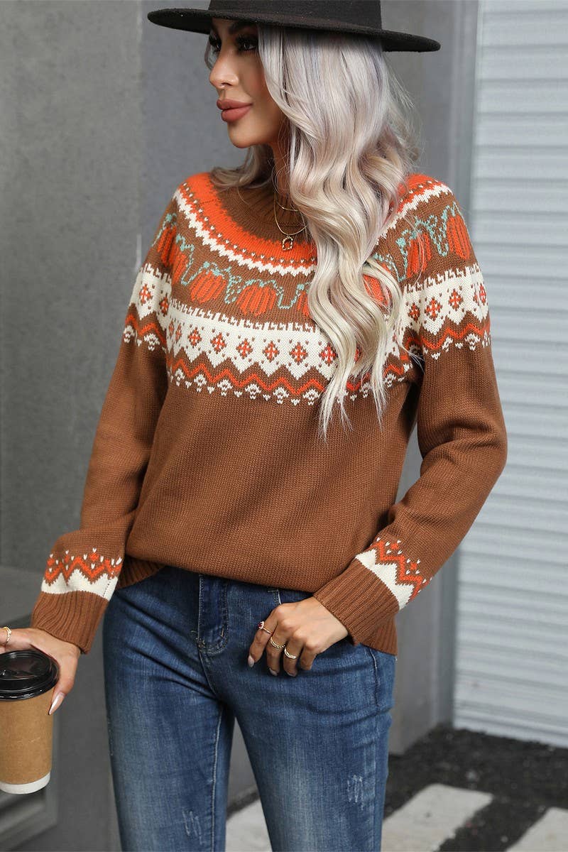 CWOSWL5755_HALLOWEEN CREW NECK FESTIVE KNIT SWEATER