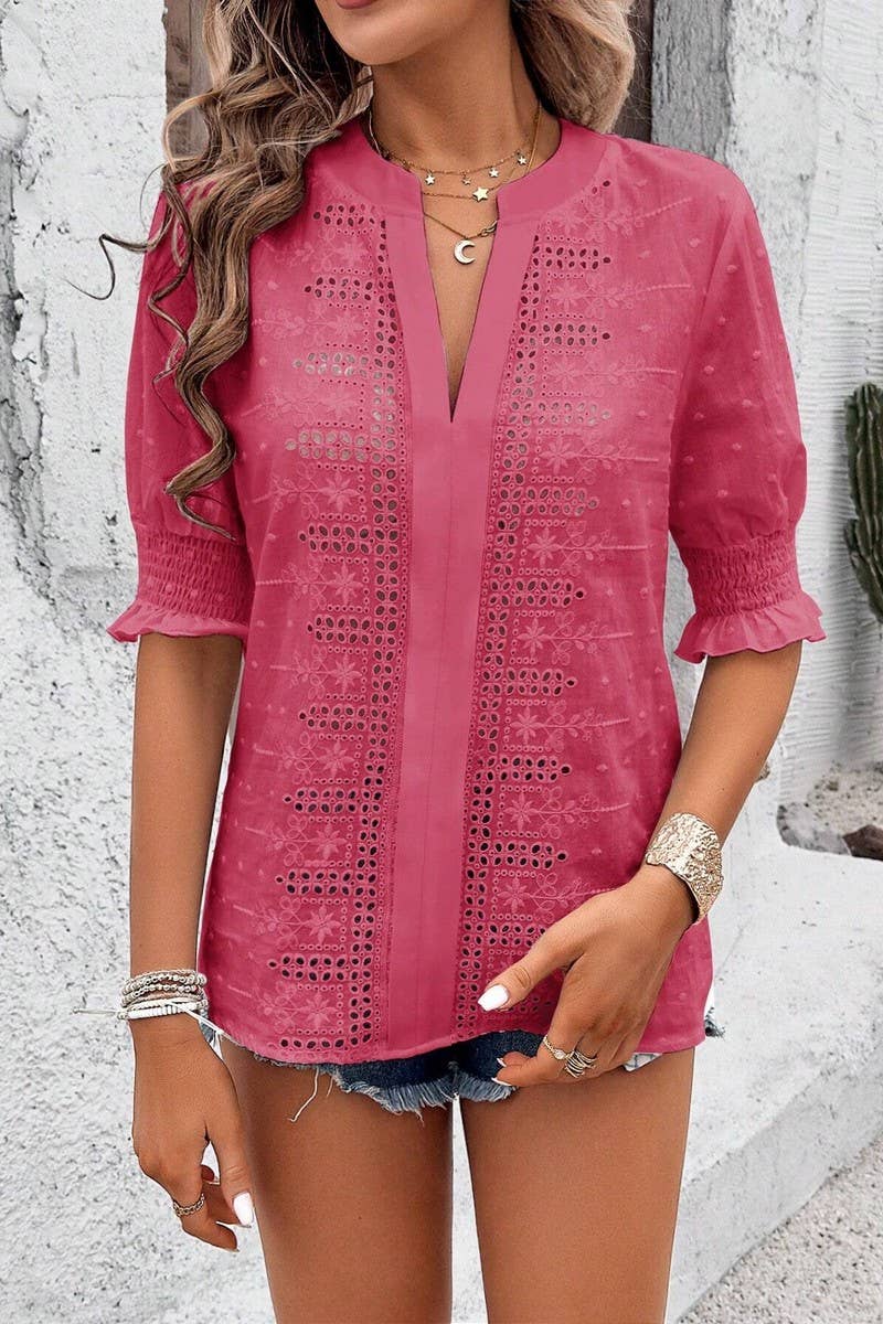 CWTTS1388_V-NECK PUFF SLEEVES HOLLOW POMPOM LACE T-SHIRT