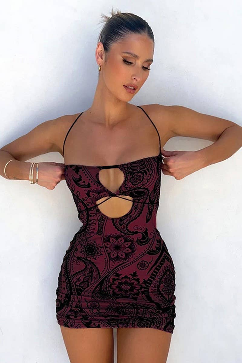 CWDHL0638_FLOCKING PRINT HOLLOW HIP-WRAPPED SUSPENDER SKIRT