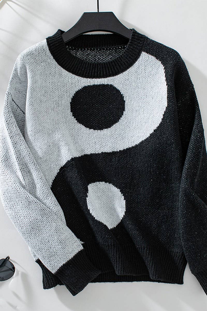 CWOSWL2905_TAI CHI PATTERN CONTRAST FITTING PULLOVER KNIT