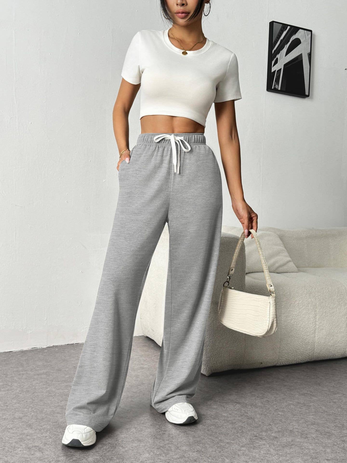 ELASTIC-WAIST CASUAL STRAIGHT LEG WIDE-LEG PANTS