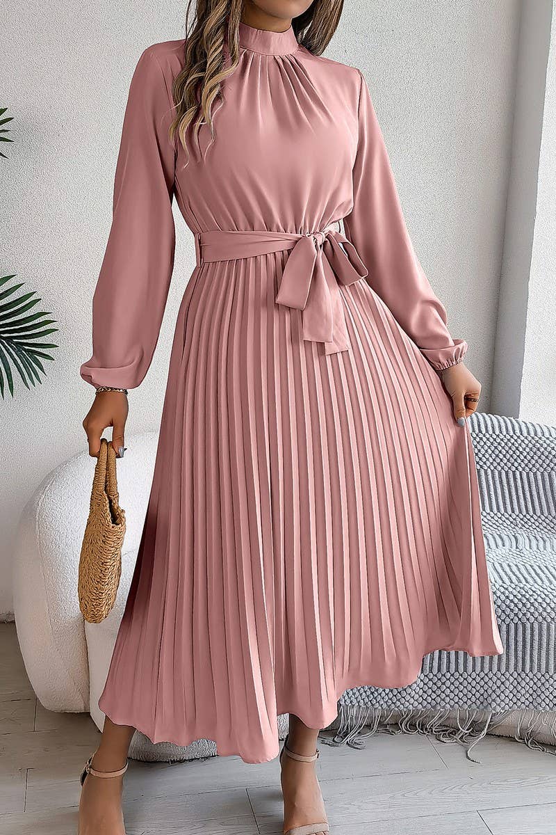 CWDMD3430_TIE STAND COLLAR PLEATED MAXI DRESS