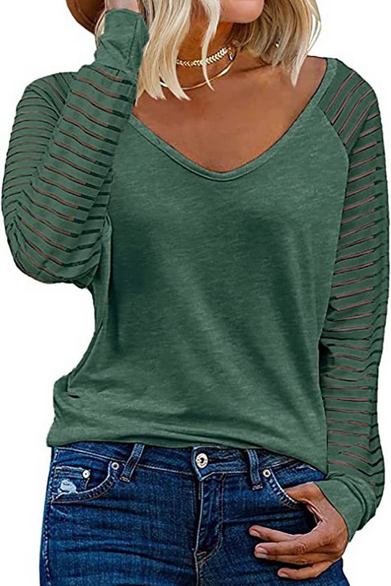 CWTTL00995_SPRING AND AUTUMN STRIPED V-NECK TOP
