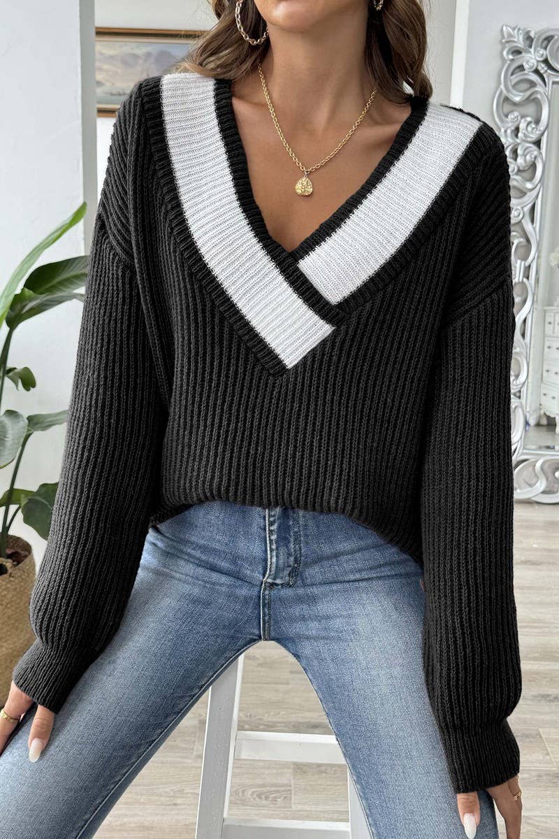 CWOSWL07340_WOMEN COLOR BLOCK V NECK LOOSE KNIT SWEATER
