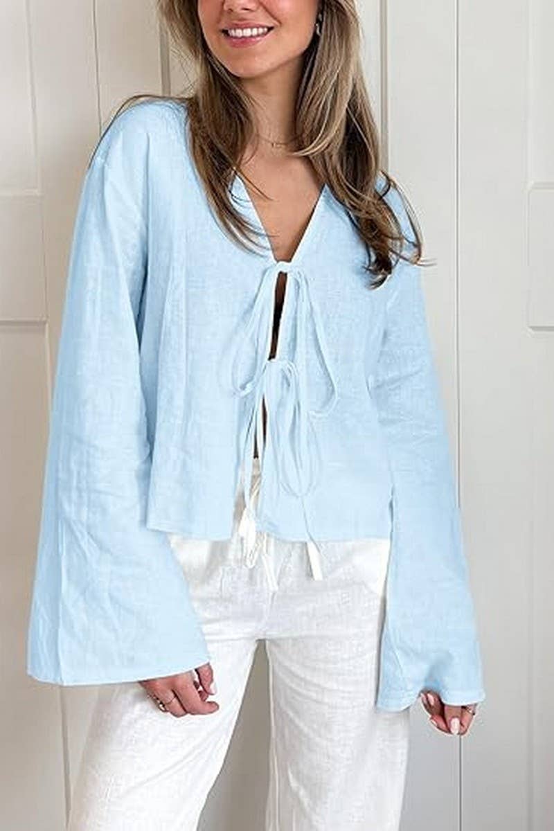 CWTBLL00693_SOLID COLOR DEEP V-NECK FLARED SLEEVE TOP